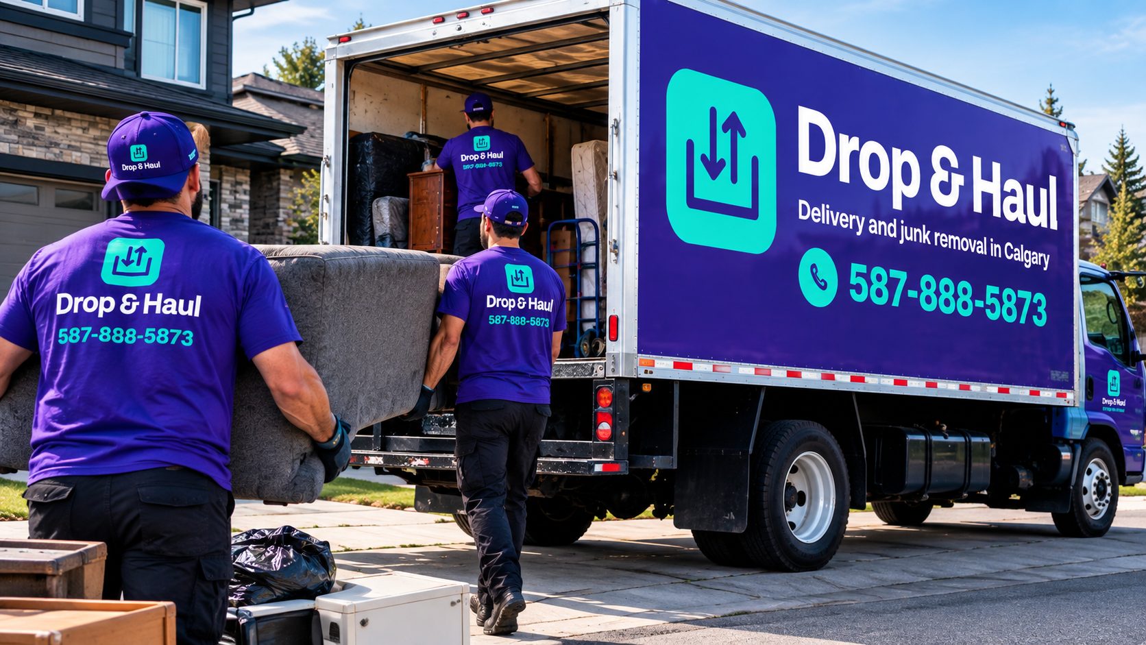 Drop & Haul crew loading a couch into the purple Drop & Haul truck