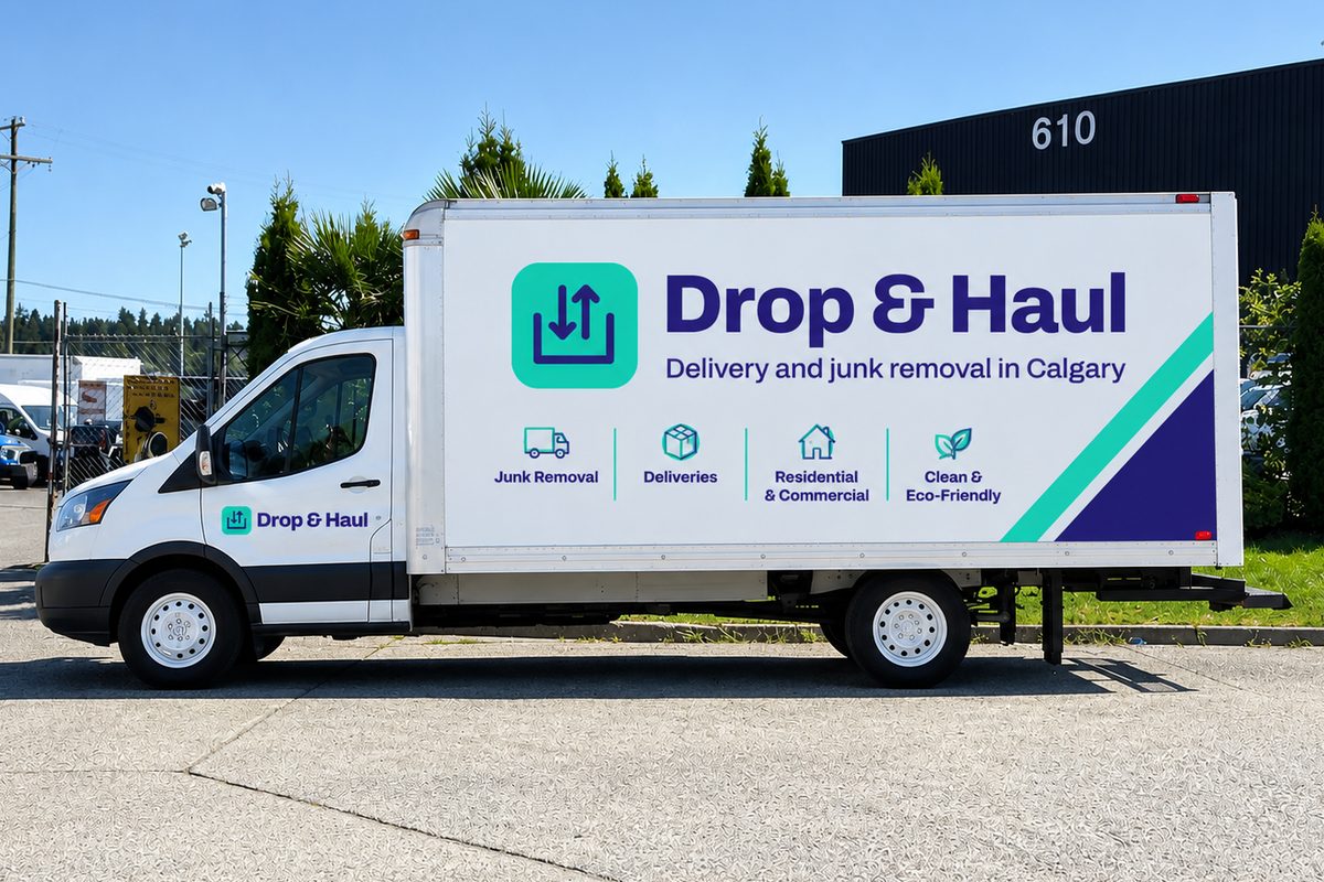 White Drop & Haul box truck with the purple and turquoise logo on its side